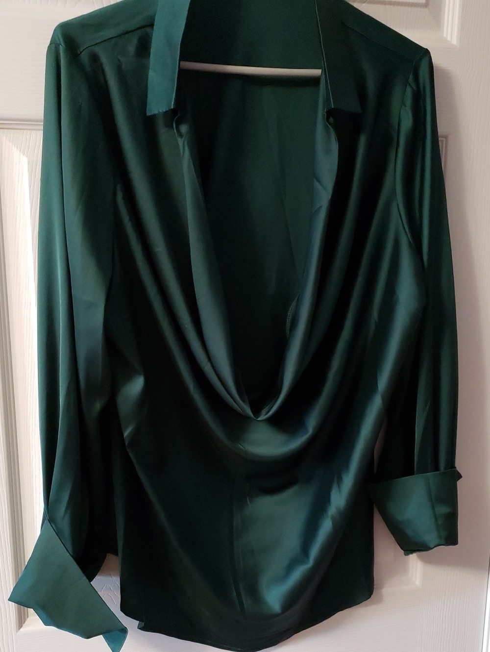Women's Satin Drape Neck Long-Sleeve Top - Emerald Green